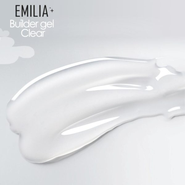 Nagelgel Builder gel 1 steg UVLED Clear för gelenaglar och nagelförlängning från märket Emilia. Ger naglarna en garanterad hallbarhet. Närbilden av geleprodukten på en krämigvit bakgrund