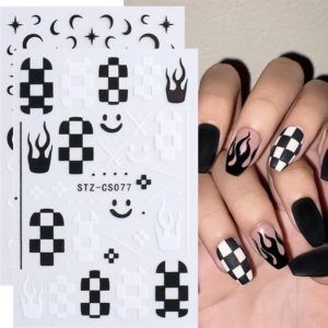 Nail stickers Självhäftande nageldekorationer Nagelklistermärken med eld, smile ikon i vit och svart färg Display 2