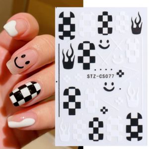 Nail stickers Självhäftande nageldekorationer Nagelklistermärken med eld, smile ikon i vit och svart färg Display