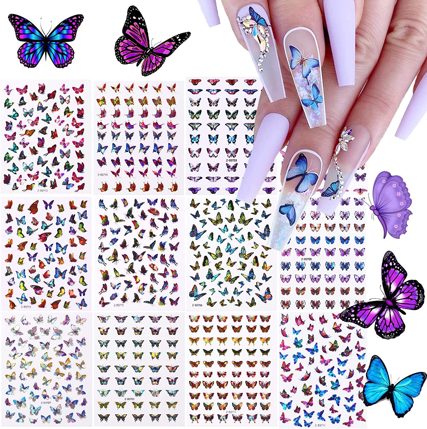 nagelklistermärken med fjäril Butterfly Nail stickers Nageldekorationer Självhäftande Vattentät nailart stickers och nageldekoration stickers På modellen och närbild på produkten