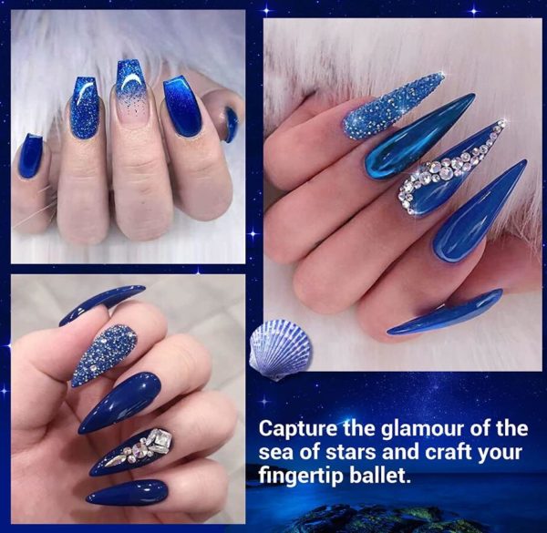 Bli inspirerad av olika gellack i olika blå färger för din nail art