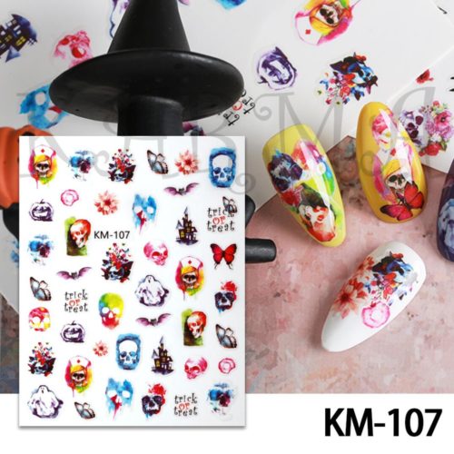 Färgglada dödskalle, spöke, fladdermus Halloween Nagelklistermärke. Colorful skull,, ghost, bats nail stickers nageldekorationer KM-107