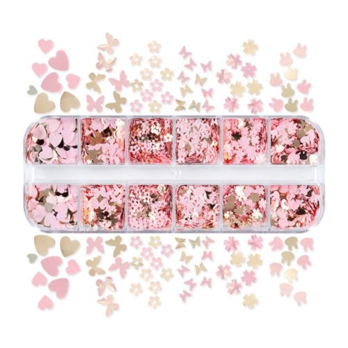 Nagelpaljetter med rosa hjärta, färilar, blommor för nail art och andra konst project 12