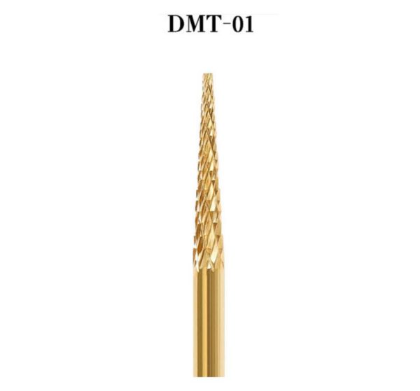 Bits till elfil Botten Nagelrengöring guld Drillbits Nail drill bits lång tunn form Närbild DMT-01