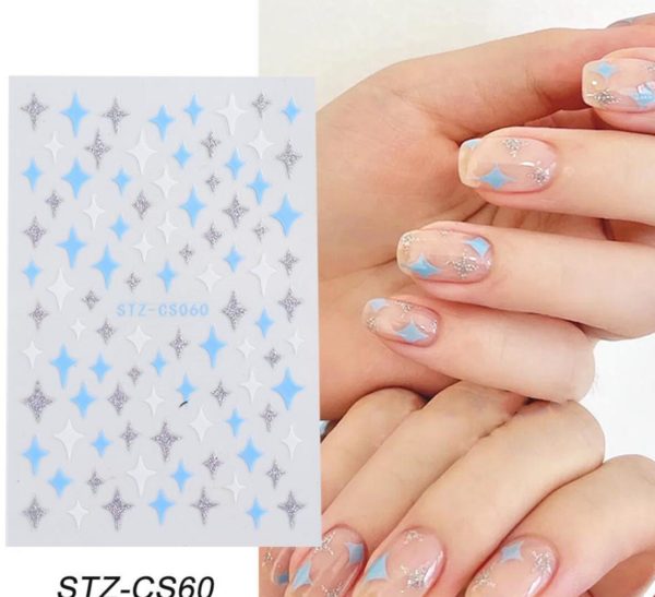 Blåa & silver glitter stjärnor nagelklistermärken. Nail stickers Blue and silver glitter stars nageldekorationer nail decoration STZ-060