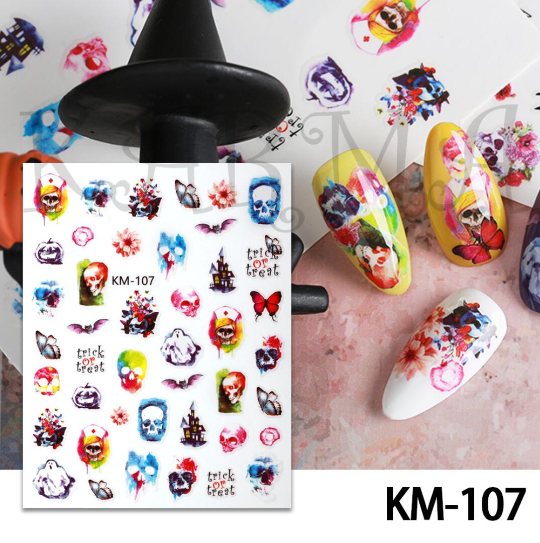 Nagelklistermärken Färgglada dödskalle, spöke, fladdermus Halloween Nail stickers