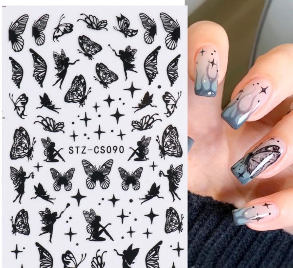 Fjärilar och elva i svart av olika stilar nagelklistermärken. Nail stickers butterflies and fairies nageldekorationer nail decoration STZ-090