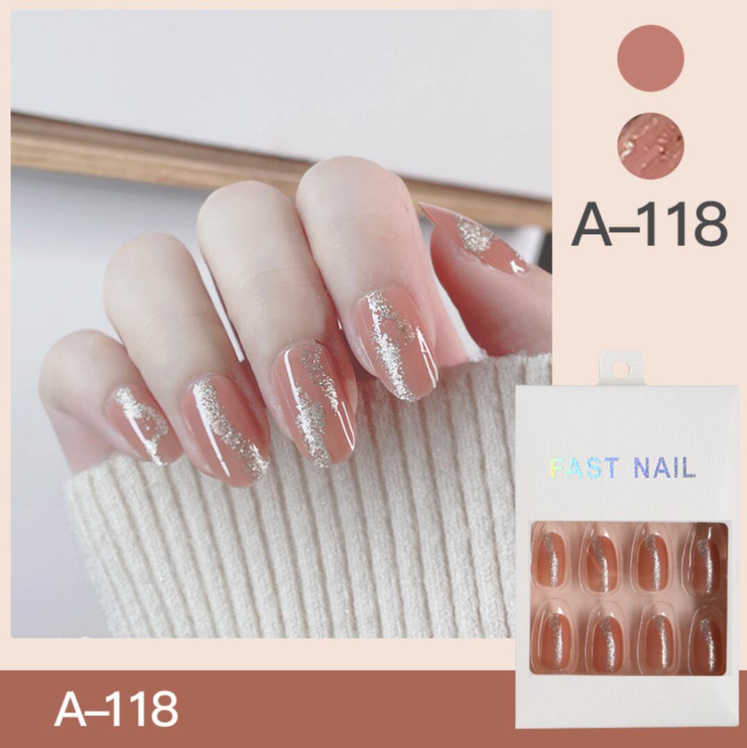 Korta lösnaglar Gammelrosa Naturliga mandelform med glitter Fake nails Press on nails