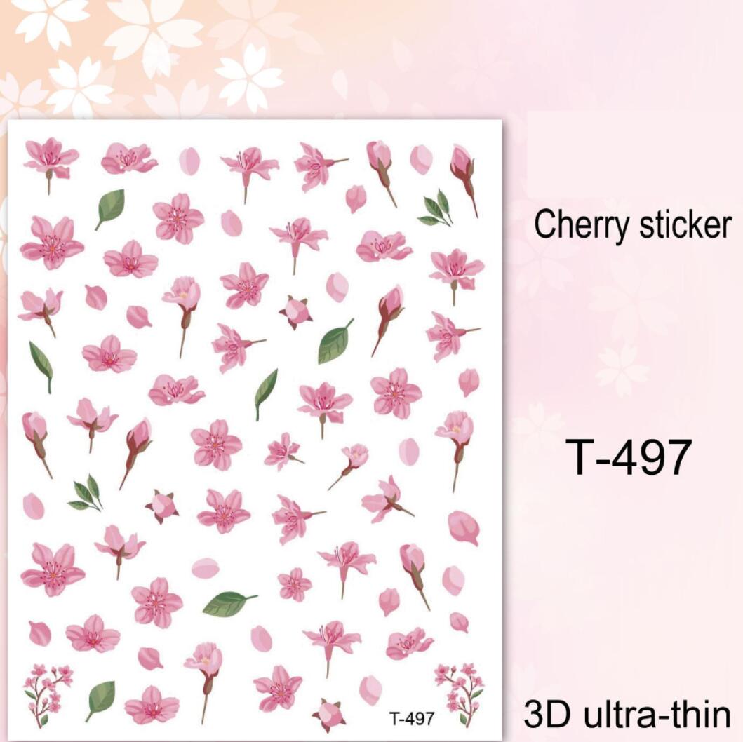 Nagellistermärken olika körsbärsblommor i rosa med blad Nailart T497