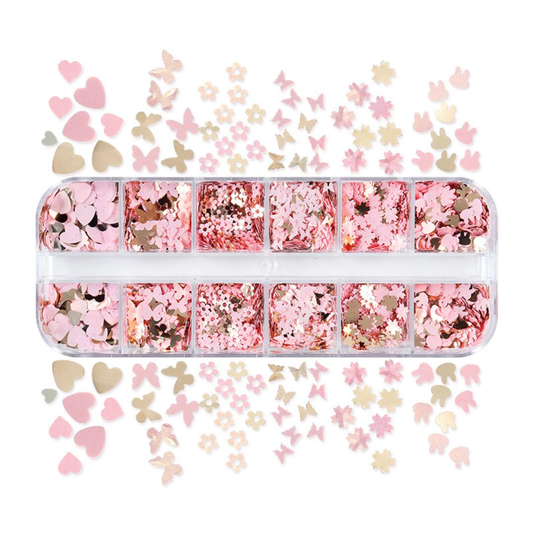 Nagelpaljetter Rosa hjärtar, färilar, blommor för nail art