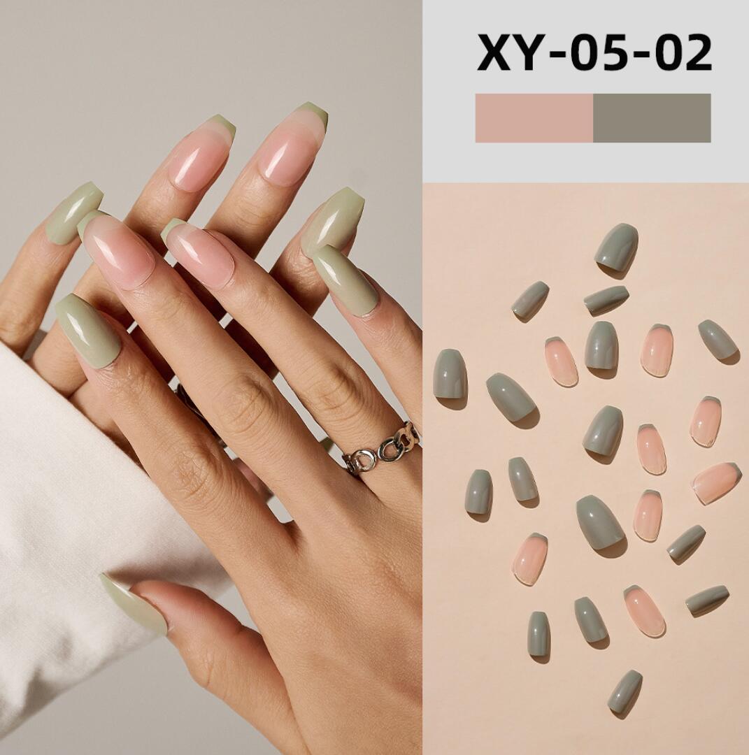 Lösnaglar korta raka form med beige grön – Press on nails