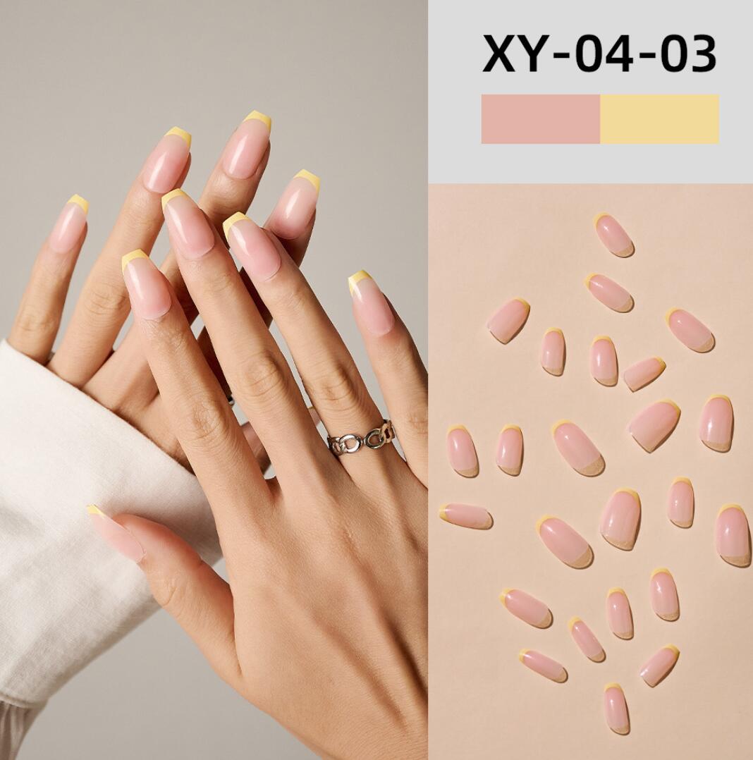 Lösnaglar korta raka form med ljusgul Fransk tippar – Fake nails