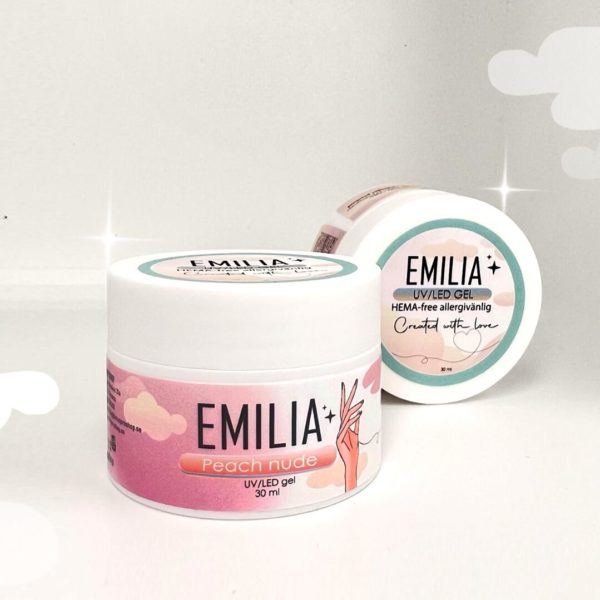 Emilia Nagelgel Peach Nude gel i persika färg för förstärkning av tunna, spröda eller spruckna naglar. Display på produkten