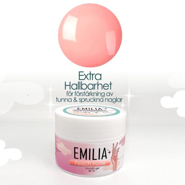 Emilia Nagelgel Peach Nude gel i persika färg för förstärkning av tunna, spröda eller spruckna naglar. perfekt för att fräscha upp dina naturliga naglar