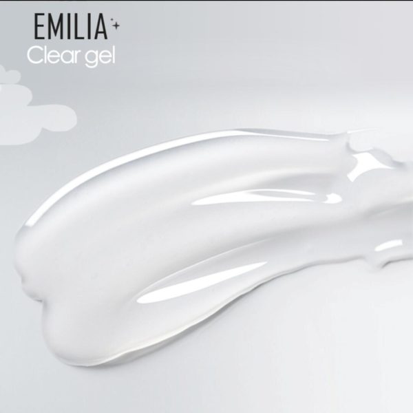 Nagelgel Clear gel 1 steg UVLED Clear för gelenaglar och nagelförlängning från märket Emilia. Ger naglarna en garanterad hallbarhet. Närbilden av geleprodukten på en krämigvit bakgrund