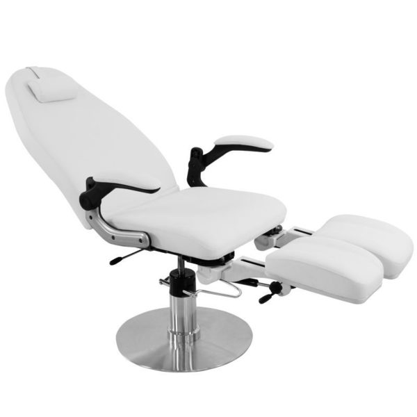Fotvårdsstol för fotvård, pedikyr & kliniken Hydraulisk i vit. stolen kan öppnas som en bänk Modell Azzurro 713A