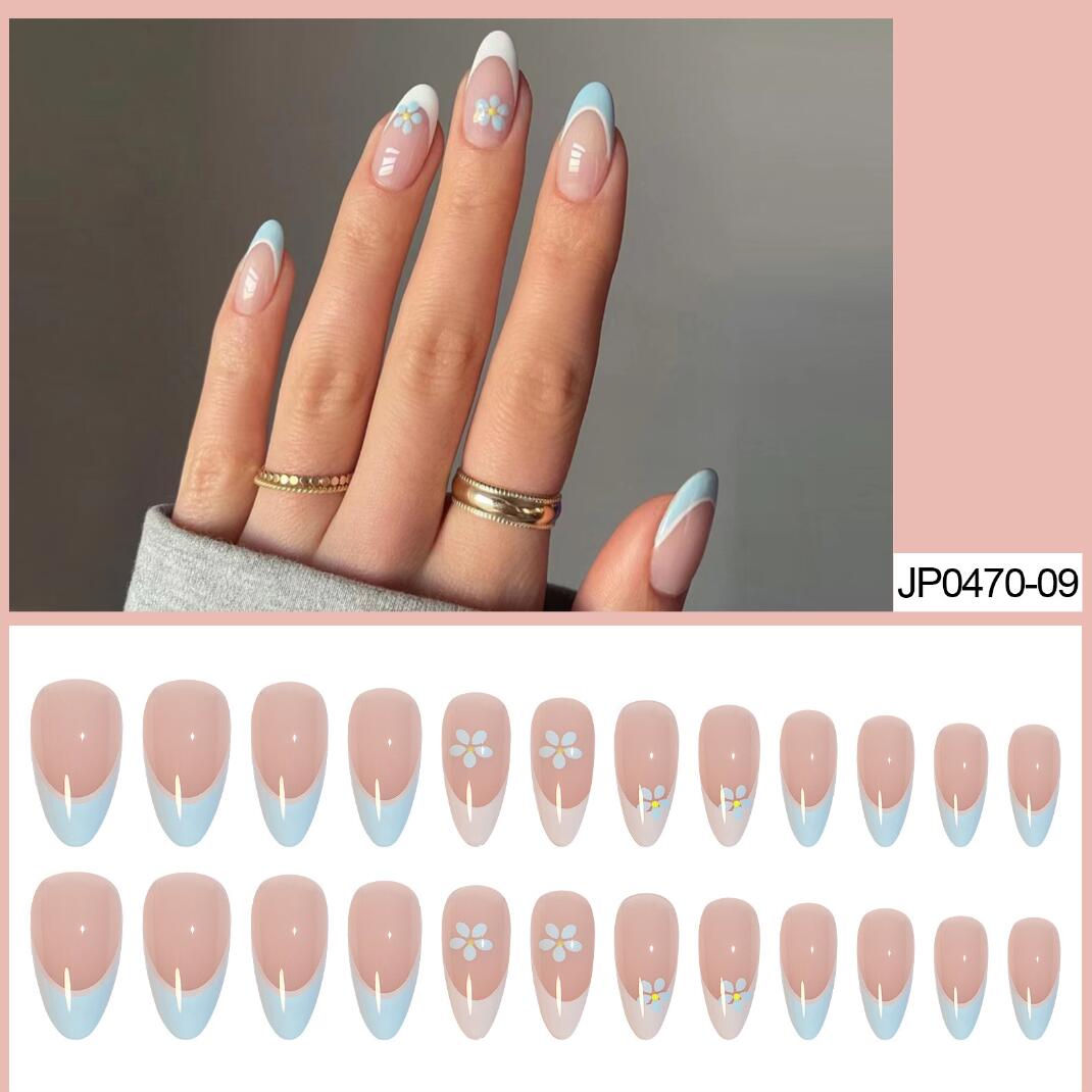 Rosa Pastell blå med blommor 💙🌼naturliga almond Lösnaglar design Press on Nails