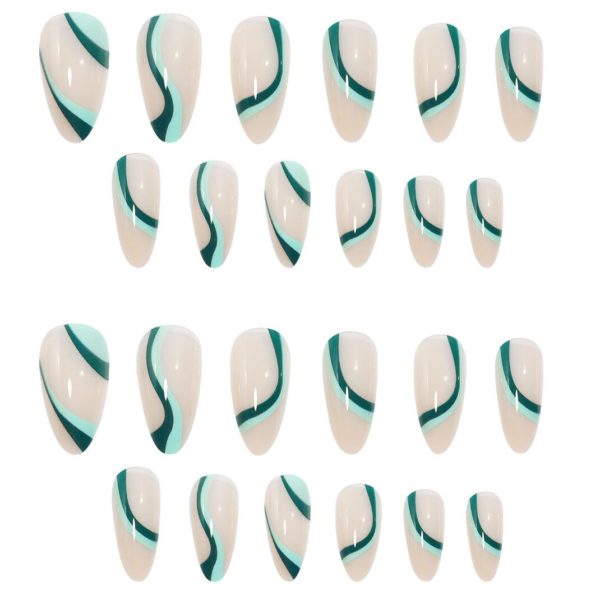Nude med gröna design naturliga almond Lösnaglar design Press on Nails Närbild på lös naglar JP0354-07 (1)