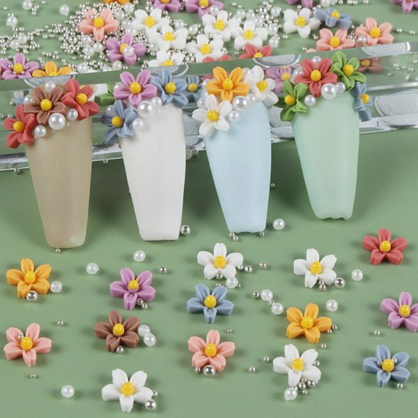 Våriga somriga färgglada 3D realistiska söta blommor med olika färger, silver pärlor och vita pärlor för Nail art. Närbild (4)